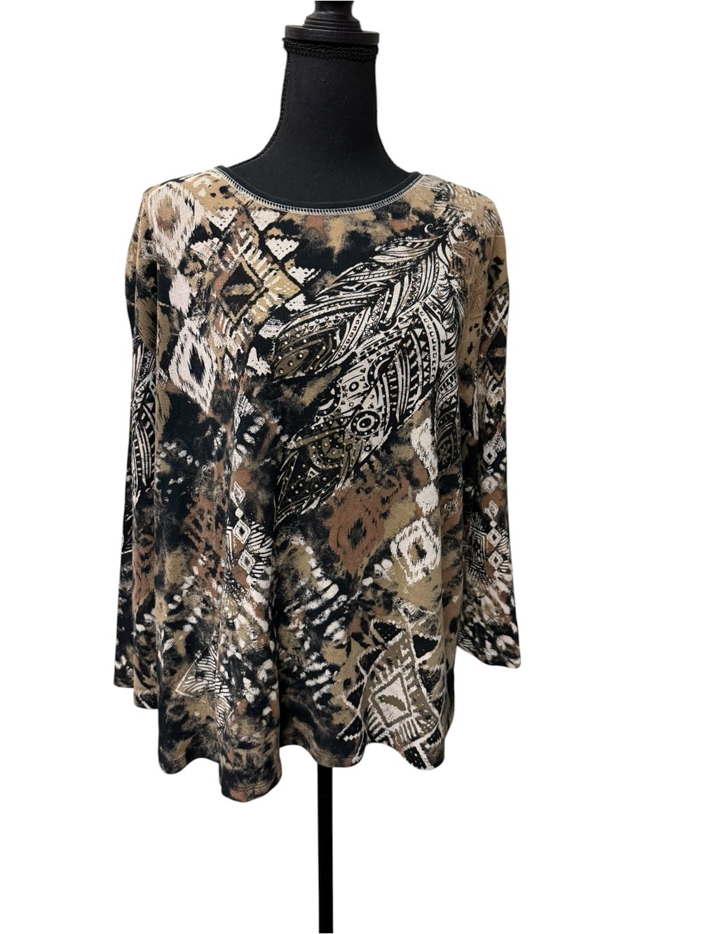 Jess & Jane 2X Boho Feather Tribal Print Tunic Top Brown Black Stretch Tee